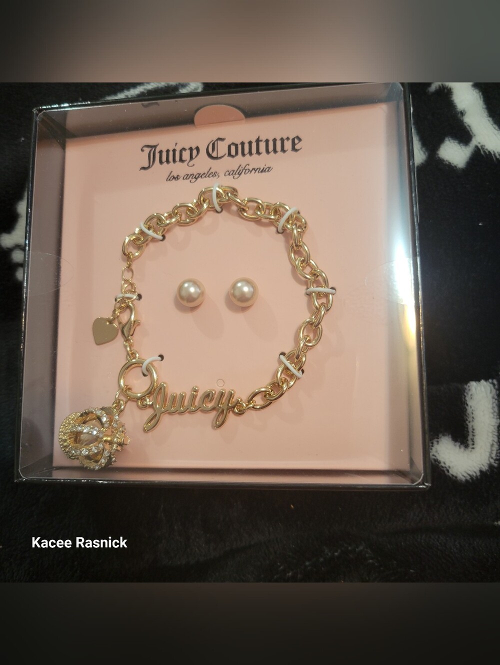 Juicy Couture Gold Tone 'Juicy' Charm Bracelet & Pearl Stud Earrings